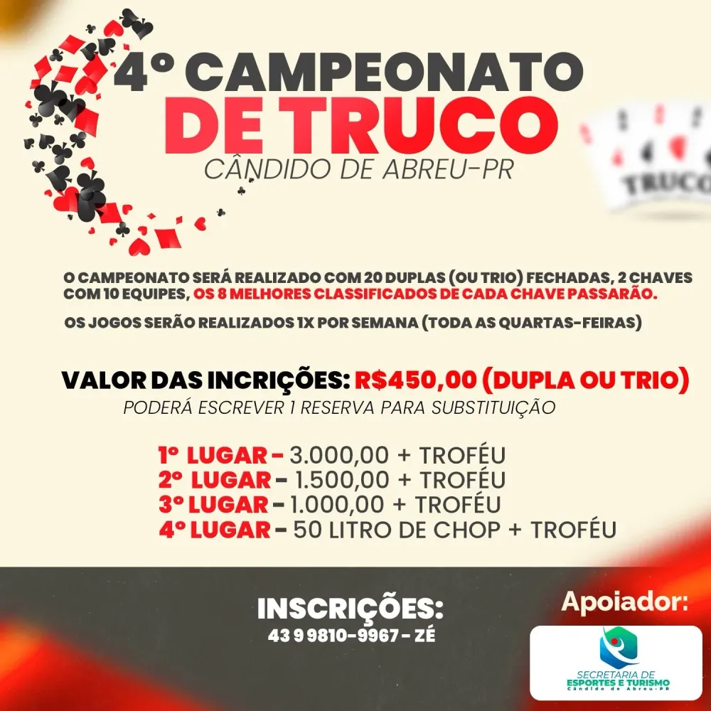 Cândido de Abreu realiza o 4º Campeonato de Truco com premiações atrativas