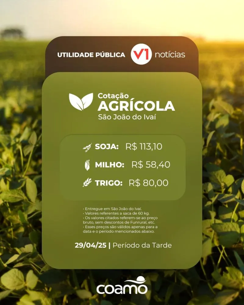 Cotação Agrícola da tarde de 29/04 da Coamo em São João do Ivaí 