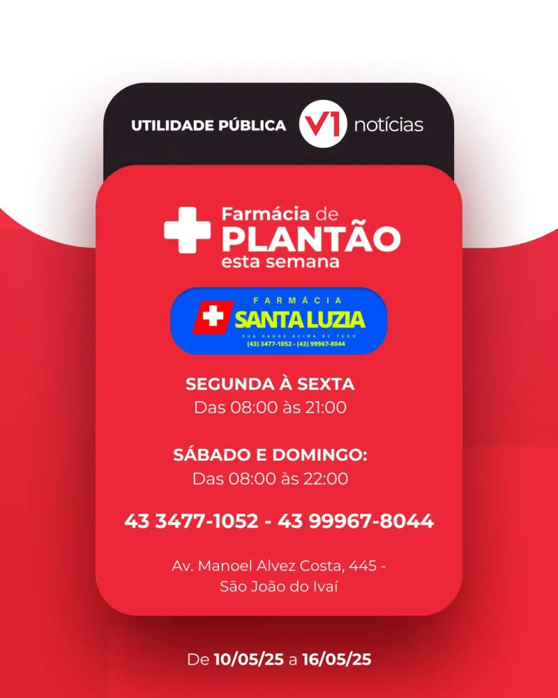 Farmácia de Plantão 10/05 a 16/05 em São João do Ivaí 