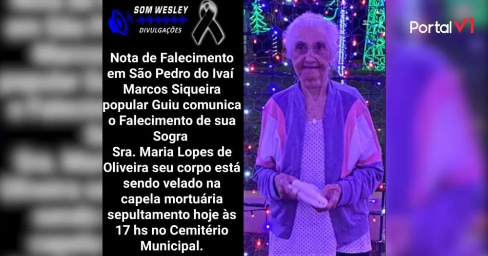 Nota de Falecimento: Sra. Maria Lopes de Oliveira de São Pedro do Ivaí
