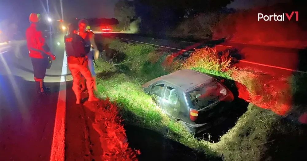 Carro com pit bull e 10 kg de peixe cai em canaleta na BR-376 em Apucarana