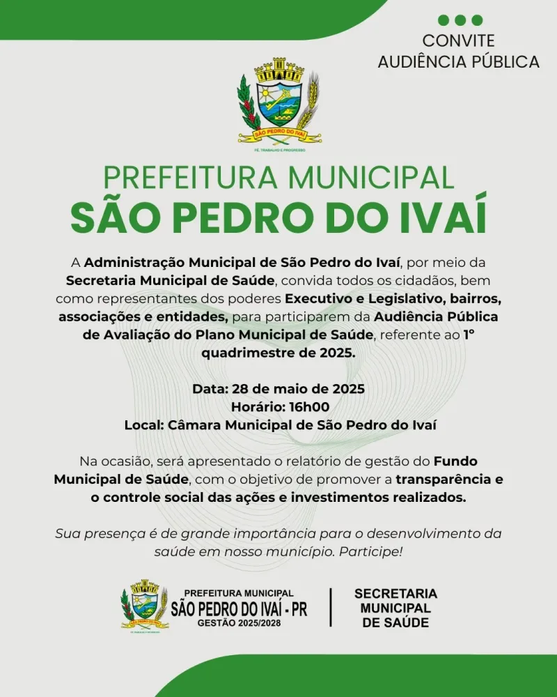 Audiência Pública vai discutir Plano Municipal de Saúde em São Pedro do Ivaí