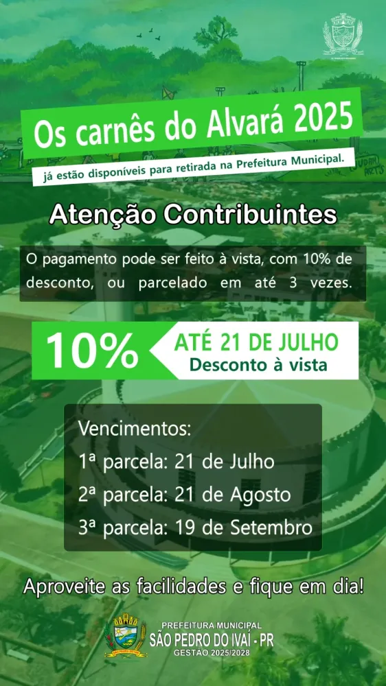 Prefeitura de São Pedro do Ivaí libera carnês do Alvará 2025 com desconto para pagamento à vista