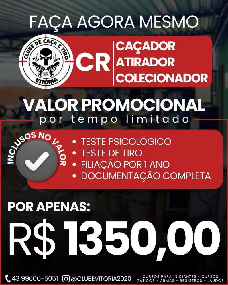 Clube de Caça e Tiro Vitória lança promoção especial para obtenção do CR