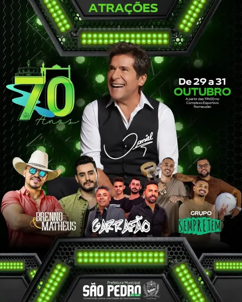 São Pedro do Ivaí completa 70 anos com shows gratuitos e Daniel como atração principal