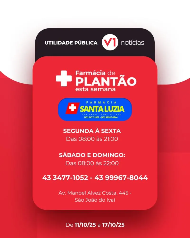 Farmácia de Plantão 11/10 a 17/10 em São João do Ivaí 