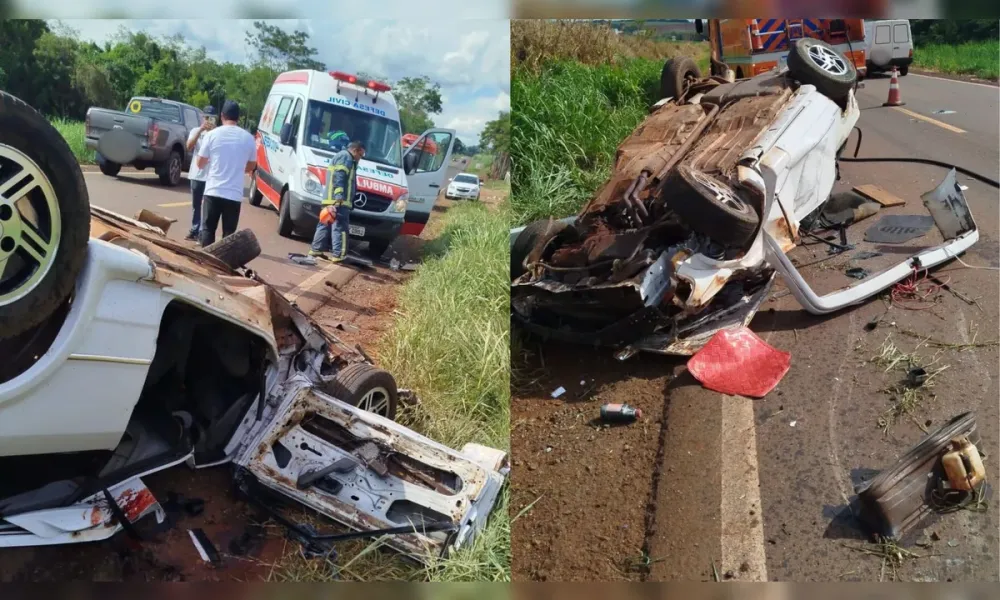 Capotamento violento lança motorista para fora do carro e fere duas pessoas na BR-369