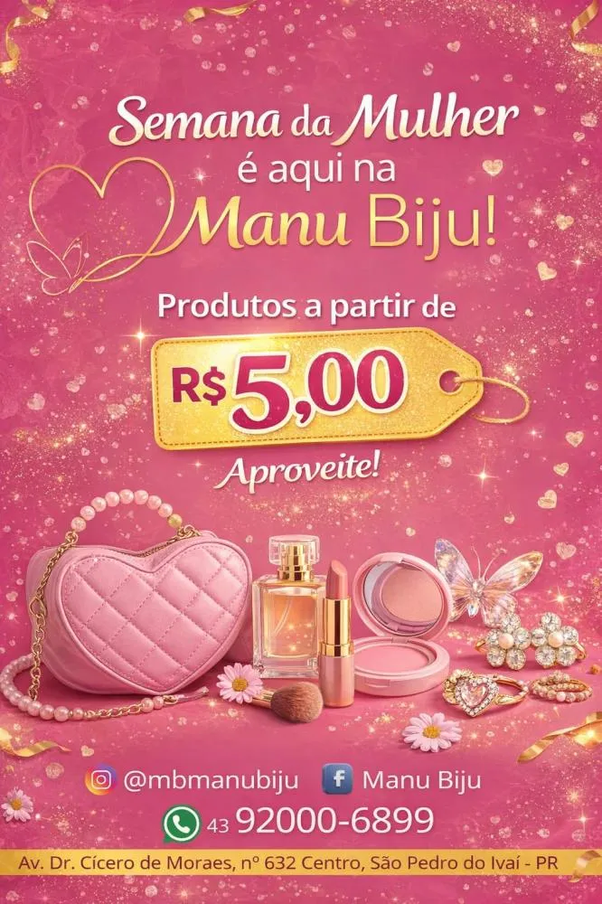 Semana da Mulher na Manu Biju começa nesta terça com itens a partir de R$ 5