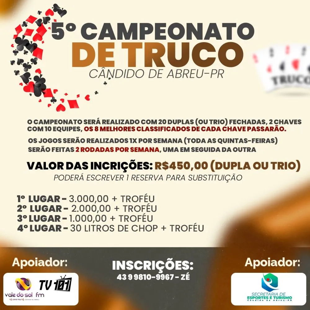 5º Campeonato de Truco movimenta Cândido de Abreu com apoio da Prefeitura e premiação atrativa