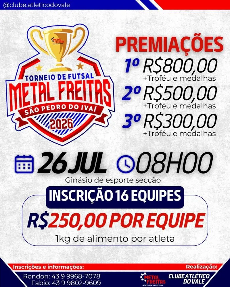 São Pedro do Ivaí recebe Torneio de Futsal Metal Freitas 2026 com premiação em dinheiro e vagas limitadas