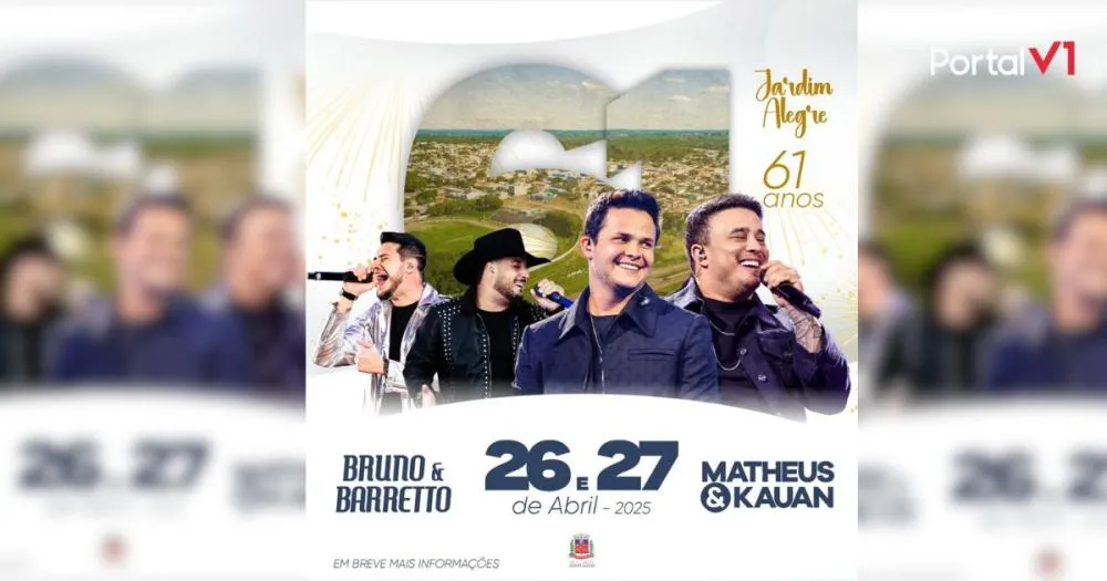 Jardim Alegre comemora 61 anos com shows imperdíveis de Bruno & Barreto e Matheus & Kauan