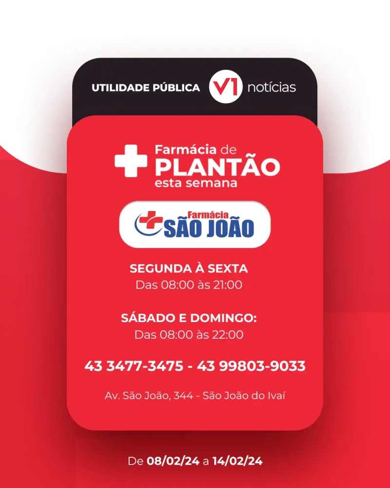 Farmácia de Plantão 08/02 a 14/02 em São João do Ivaí 