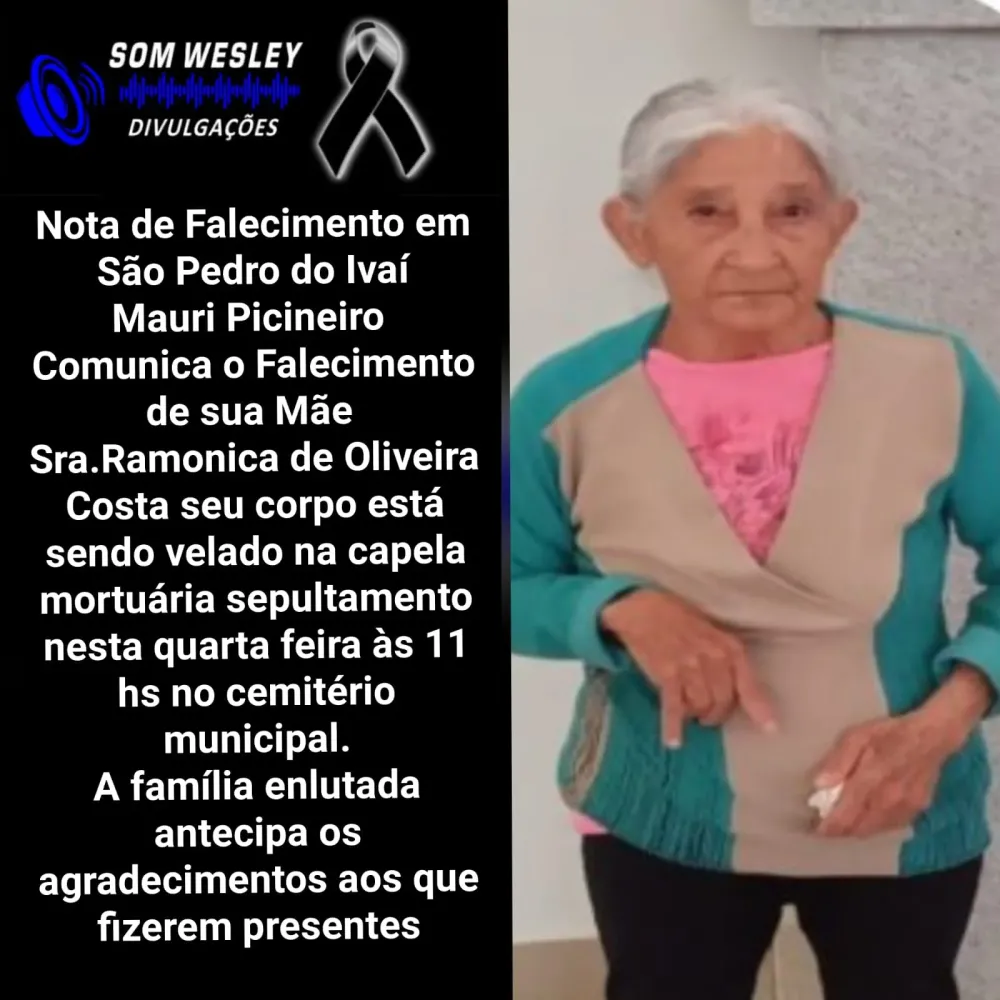 São Pedro do Ivaí se despede da senhora Ramonica de Oliveira Costa